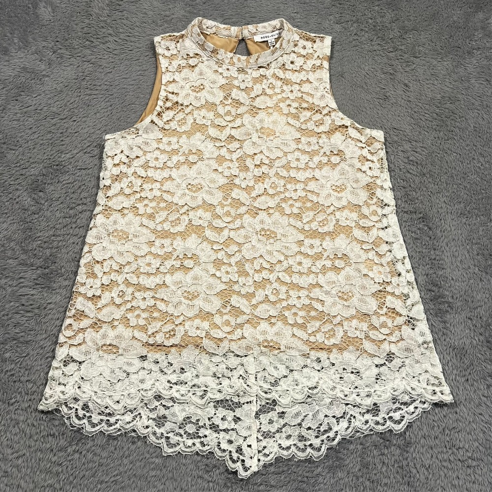 Rose‎ + Olive Sleeveless Top Lace Ivory Floral Overlay Lined Women's L NWT